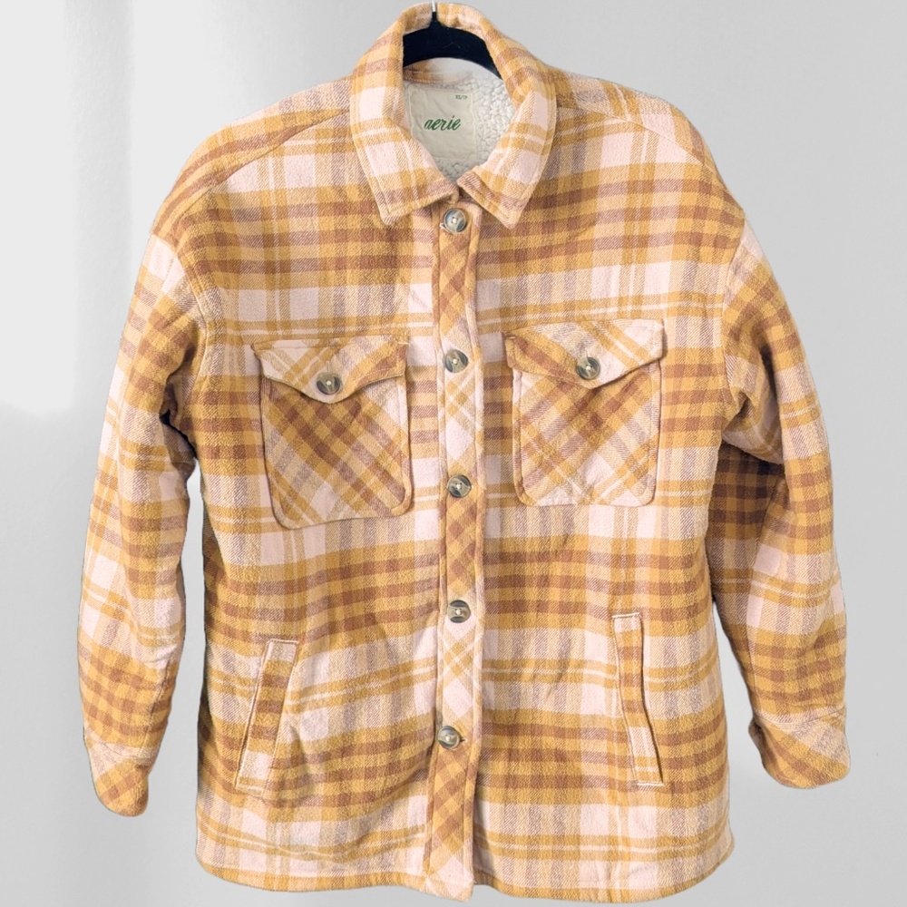 Aerie Plaid Sherpa Lined Flannel Shirt Jacket Oversized Shacket XS EUC